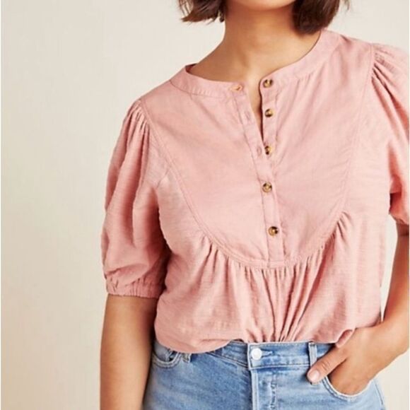 Anthropologie Elinor Puff Sleeve Textured Peasant Top Pale Rose Pink Blouse Sz S - Picture 1 of 12